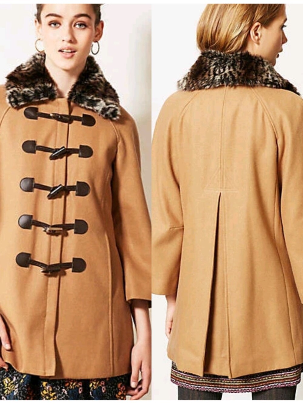 {6} Anthropologie Elevenses Removable Faux Fur Toggle Peacoat In Camel
